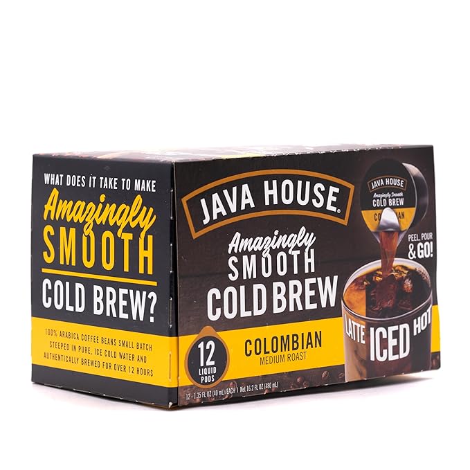 JAVA HOUSE Medium Roast Colombian Cold Brew Pods, (48 Count) Peel and Pour Pods Hot or Iced Instant Coffee Concentrate