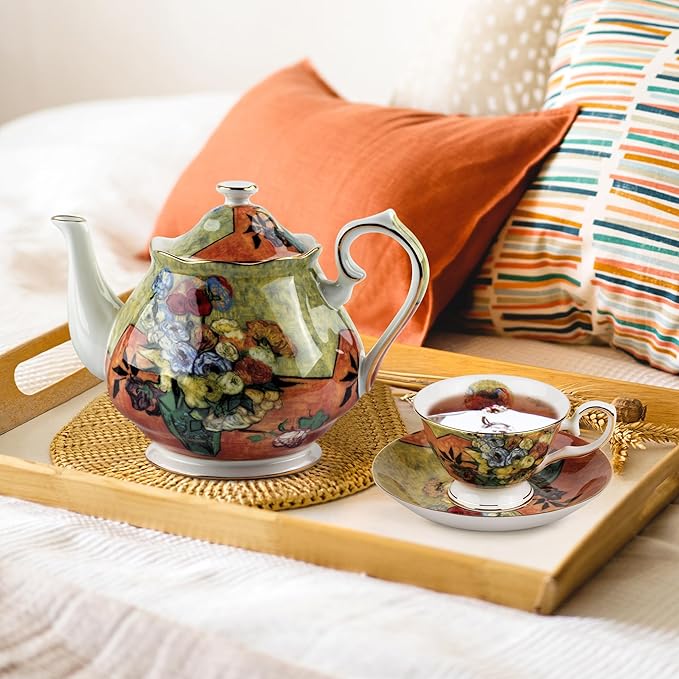 Teapot 30 oz Van Gogh Paintings Bone China Loose Tea Pot Floral Design Vintage Ceramic Coffee Water Pot European Style Porcelain (Flower Vase)