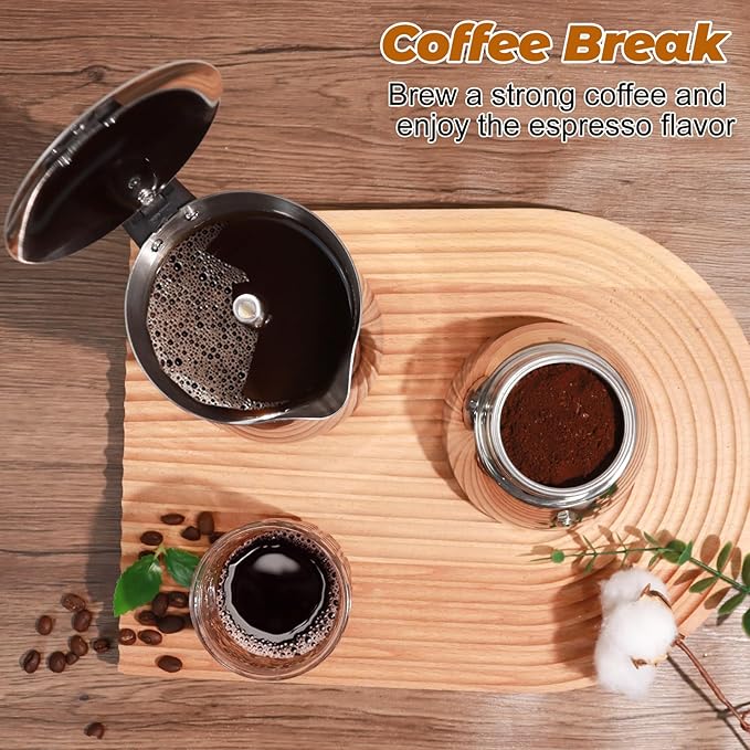 No Coating 6 Cup Thickened 304 Stainless Steel Moka Pot Stovetop Espresso Maker Italian Coffee Machine 300ml 10oz Suitable for Gas Induction Stovetop Greca Coffee Maker Percolator
