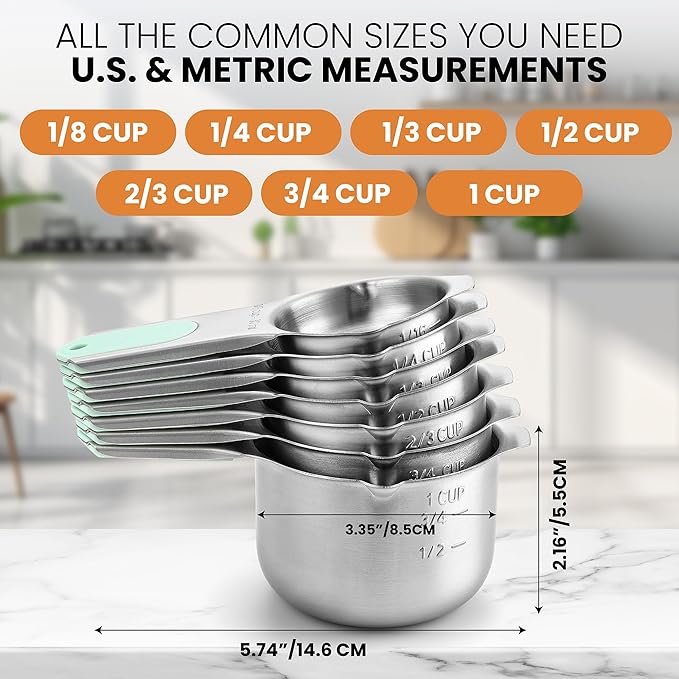 Spring Chef Magnetic Stainless Steel Measuring Cups (Patent Pending), Kitchen Tools with Easy to Read Markings for Measuring Dry or Liquid Ingredients, Set of 7, Mint