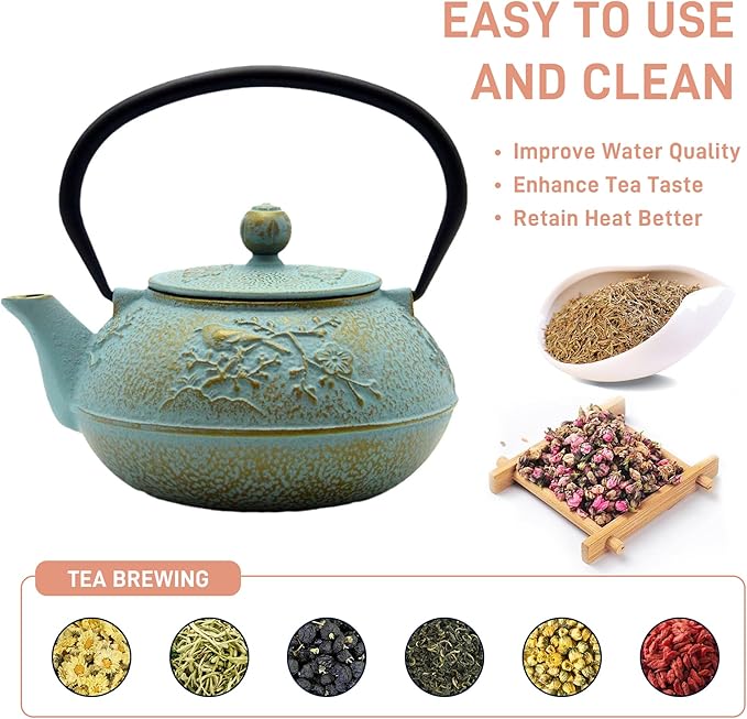 30.4oz Small Cast Iron Tea Kettle,SECHUDO Tea Pot Coated with Enameled Interior for Loose Tea, Cute Cast Iron Teapot with Stainless Steel Infuser for Stovetop Safe (900ml)