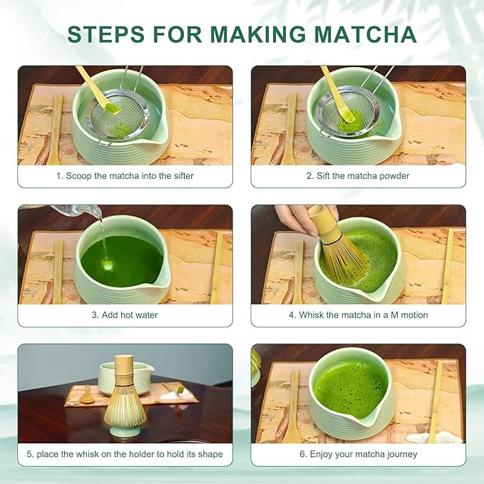 Matcha Whisk Set, Matcha Bowl with Spout, Tea Brush Stand, Stainless Steel Sifter, Matcha Whisk Holder - 8 Pcs Green Matcha Kit Set for Matcha Lover Ideal Holiday Gift, Tea Making Tools