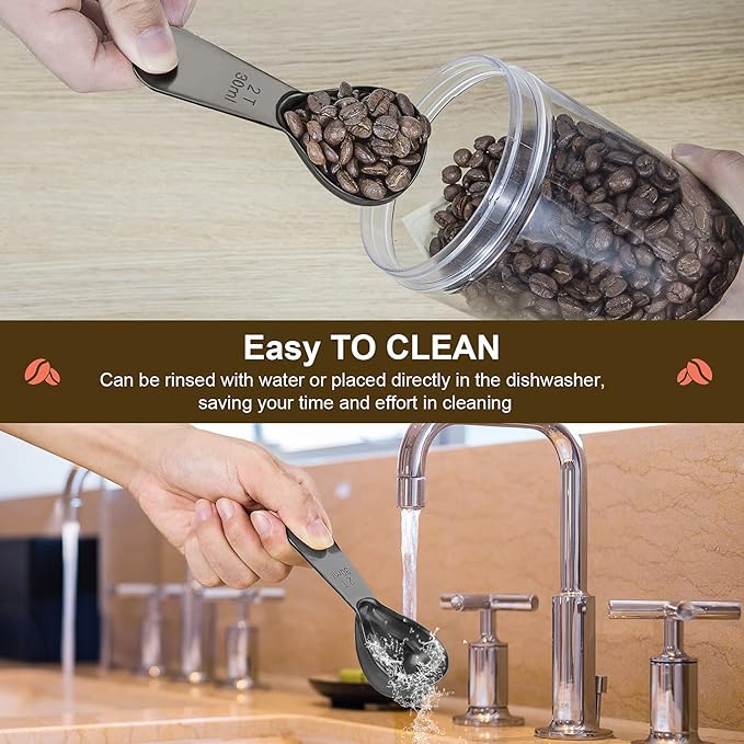 Stainless steel coffee scoop 2-piece set (1 tbsp, 2 tbsp) durable Tablespoon, ergonomic measuring spoon, Suitable for small and large jars，short-handled spoon (Black)