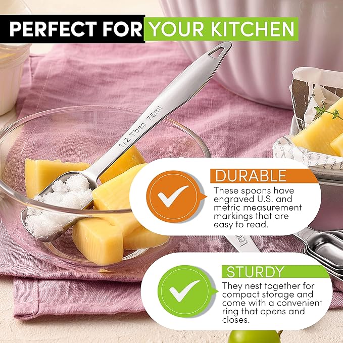 Spring Chef Stainless Steel Measuring Spoons Set of 6 with Leveler, Rectangular Metal Teaspoon & Tablespoon Measuring Spoons for Dry & Liquid Ingredients - Nesting Kitchen Gadgets For Baking & Cooking