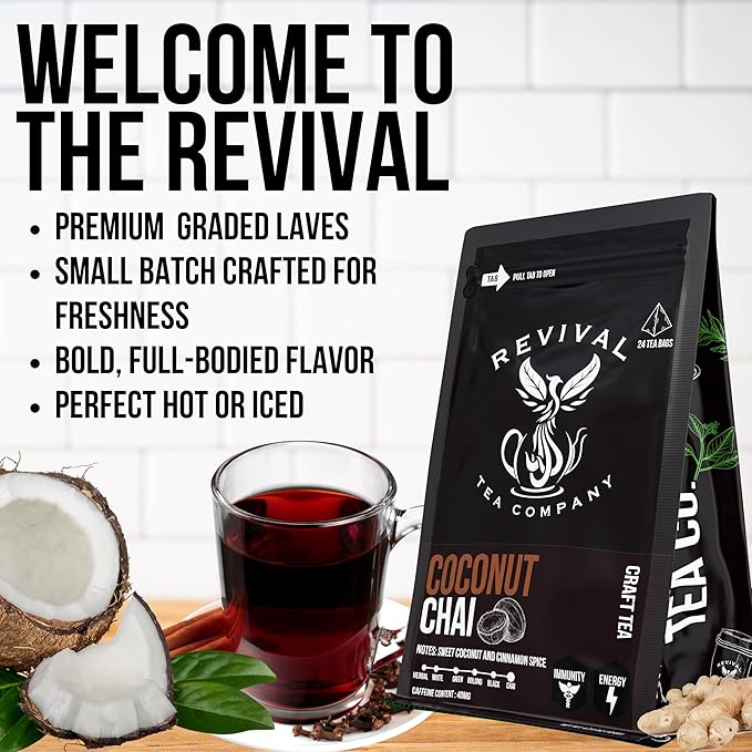 Revival Tea Company Coconut Chai Tea - Black Tea Blend with Fresh Spiced Chai and Coconut Flavor - 24 Tea Bags