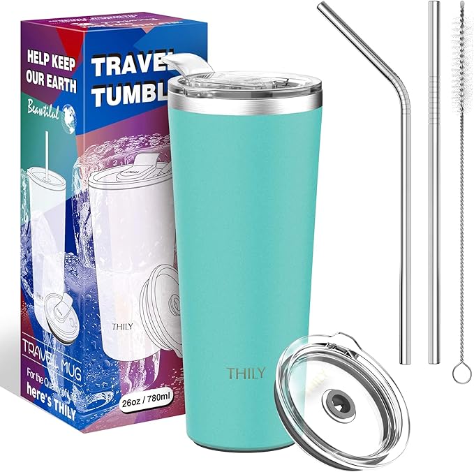 THILY Tumbler Vacuum Insulated Travel Mug 26 oz Coffee Cup with Lids and Straws, Reusable, Splash-Proof, Powder Coated, Keep Ice Drinks Cold, Teal
