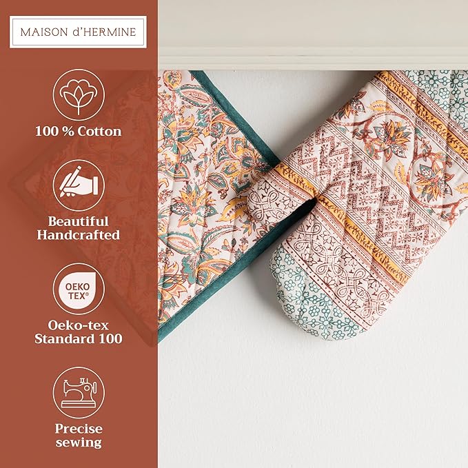 Maison d' Hermine 100% Cotton Oven Mitt & Pot Holder Set (7.5"x13" & 8"x8") Heat Resistant BBQ Cooking Gloves with Loop, Baking, Grilling, Kitchen, Handling Hot Pans (Nila)