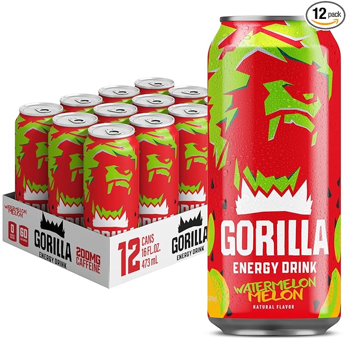 Gorilla Energy Drink, Watermelon Melon, 200mg Natural Caffeine, Real Fruit Juice Squeezed & Concentrated, L-Theanine, Taurine, Ginseng, Acetyl L-Carnitine, No Added Sugar and No Artificial Colors, 12 Pack