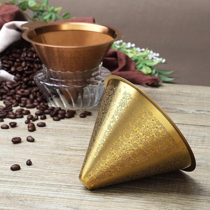 ATHIA Golden Reusable Stainless Steel Pour Over Coffee Dripper, Laser Etched Double Mesh Cone Filter, Paperless, Eco-friendly, Fits Hario, Chemex, carafes & most coffee makers (Golden, Cone Shape)