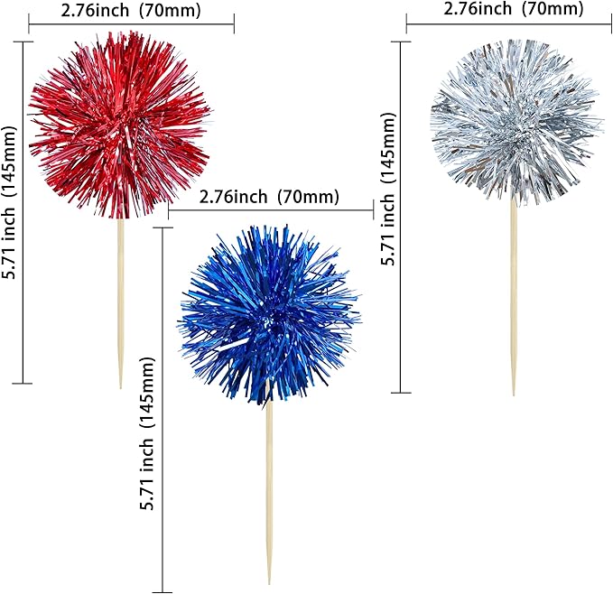 Gyufise 30Pcs Foil Firework Cupcake Toppers Sparkle Tinsel Cake Toppers Tinsel Drink Cake Decoration Cocktail Picks for Birthday Wedding Graduation Party Supplies Silver Dark Blue Red