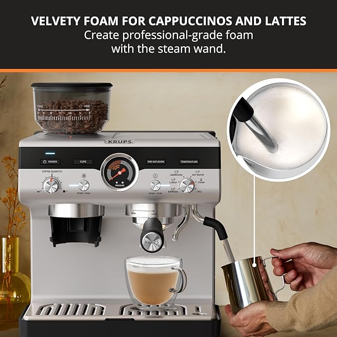 KRUPS Precision Espresso Coffee Machine with Grinder, Latte & Cappuccino Maker, Pump Pressure + Milk Frother Steam Wand, Adjustable Grind Settings for Barista-Quality Results, Stainless Steel & Black