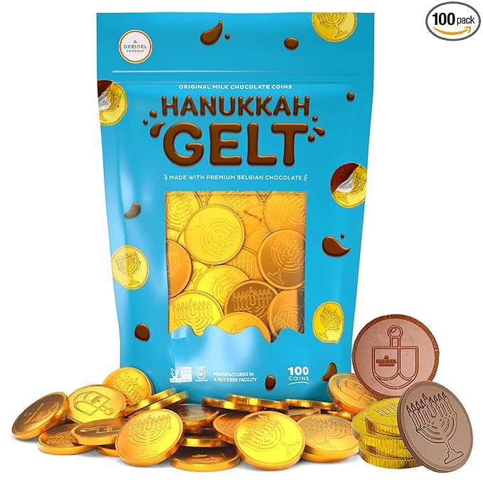 The Dreidel Company 100-Pack Chocolate Coins, Hanukkah Gelt, Gold Coins,With Dreidel and Menorah Designs Made with Belgian Ingredients, Gluten Free, Non GMO, Nut-Free, Kosher Certified