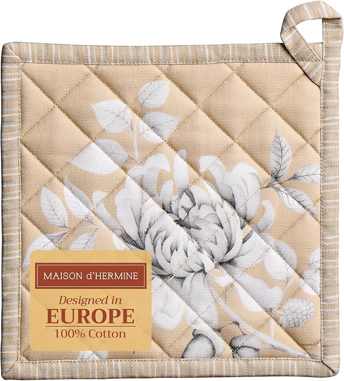 Maison d' Hermine Pot Holders 100% Cotton Heat Resistant Potholders 8" x 8" Hot Pads with Loop BBQ, Cooking, Baking, Grilling, Kitchen, Handling Hot Pans (Pack of 1, Pretty Autumn)