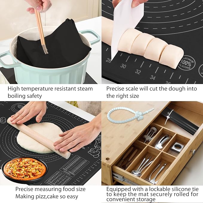 Silicone Baking Mat 28" x 20" Extra Thickness Dough Rolling Mat with Measurements and Edge Heightening, Non-stick Food Grade Silicone Pastry Mat for Pastry, Bread, Cookies, Pizza, Fondant, Pasta-Black