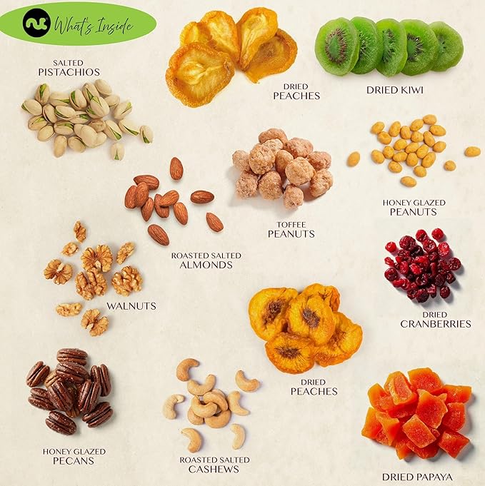 NUT CRAVINGS - Thanksgiving Dried Fruit & Mixed Nuts Gift Basket Red Tower + Heart Ribbon (12 Assortments) Holiday Xmas Christmas Food Arrangement, Healthy Snack Care Package
