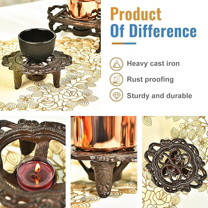 Sungmor Cast Iron Teapot Warmer Dish Cups Heater Pot Trivet - Rustic & Graceful Pattern Design with Tealight Holder - Heavy Duty & Decorative Candle Holder Stands for Heat Food Coffee Milk or Tea