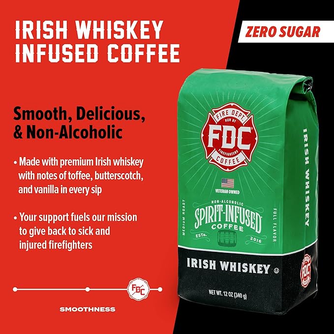 Fire Department Coffee - Gives Back to Firefighters - Irish Whiskey Infused Coffee Beans - Medium Roast - Non-Alcoholic - Roasted in the USA - Veteran Owned (12 oz, Pack of 2)