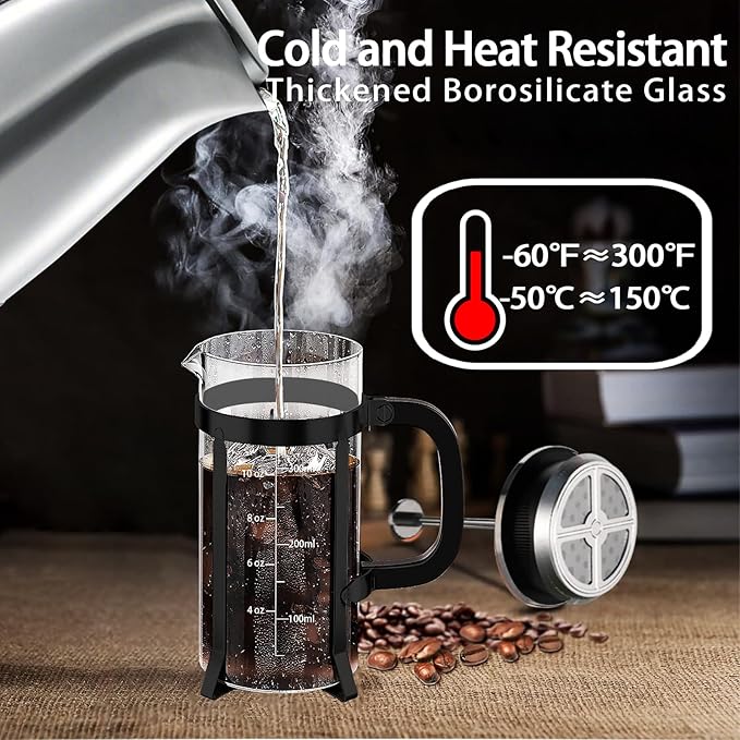 French Press Coffee Maker 304 Stainless Steel Coffee Press,with 4 Filters System, Heat Resistant Thickness Borosilicate French Press Glass, BPA-Free Brewed Tea Pot Coffee Plunger(Copper 12oz)