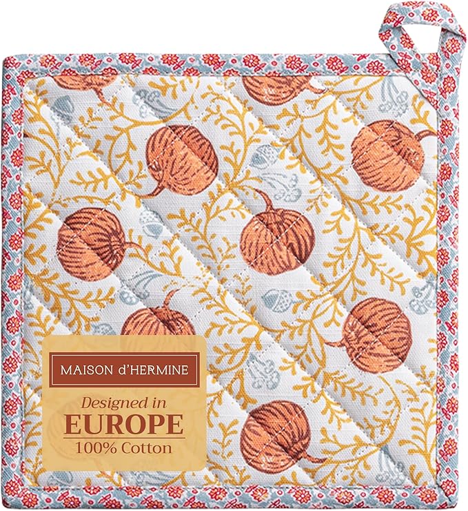 Maison d' Hermine Pot Holders 100% Cotton Heat Resistant Potholders 8" x 8" Hot Pads with Loop BBQ, Cooking, Baking, Grilling, Kitchen, Handling Hot Pans (Pack of 1, Harvest Festival)