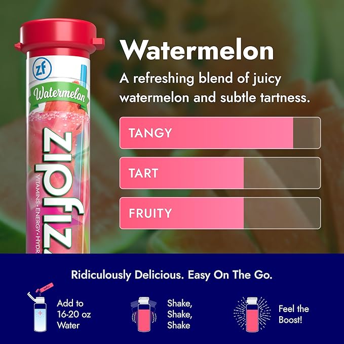 Zipfizz Daily Energy Drink Powder, Watermelon, 20 Pack | 3-in-1 Sustained Energy, Rapid Hydration, and Essential Vitamins | Sugar-Free | Electrolyte Powder | Contains Vitamin B-12 & Antioxidants