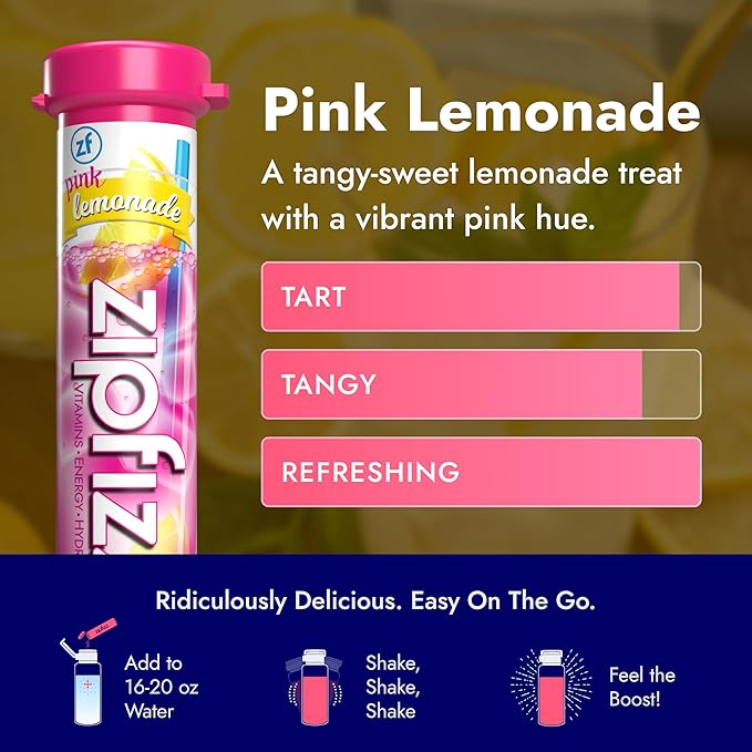 Zipfizz Daily Energy Drink Powder, Pink Lemonade, 20 Pack | 3-in-1 Sustained Energy, Rapid Hydration, and Essential Vitamins | Sugar-Free | Electrolyte Powder | Contains Vitamin B-12 & Antioxidants