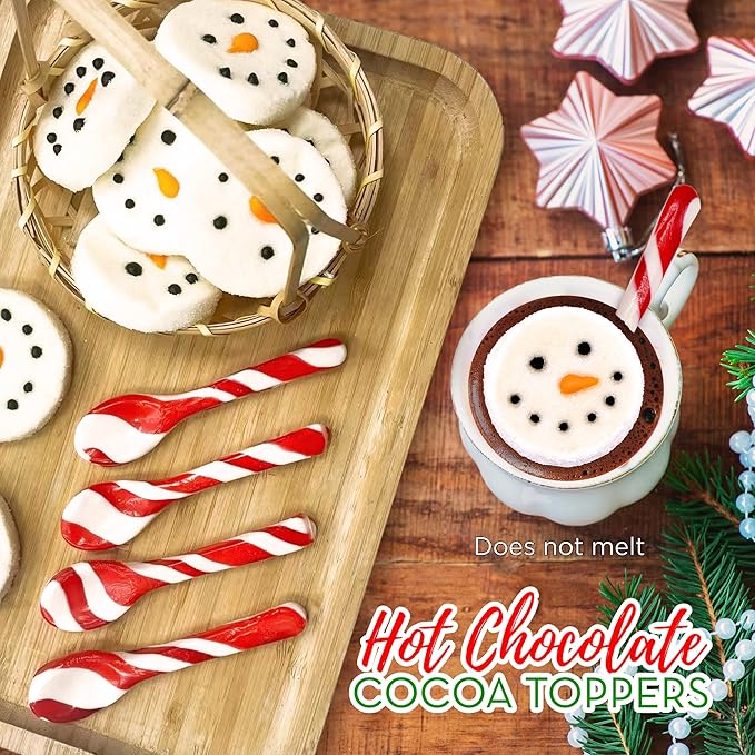 4E's Novelty Snowman Marshmmallow Toppers and Peppermint Spoons (24pc of Each) Candy Canes Spoons and Sugar Coated Snowman Face Marshmallows for Christmas Hot Chocolate Bar Supplies, Hot Cocoa Toppers Decorations