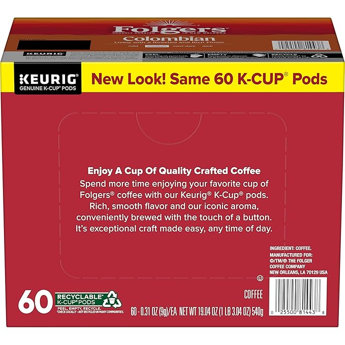 Folgers Colombian Coffee, Medium Roast, Keurig K-Cup Pods, 10 Count Box (Pack of 6)