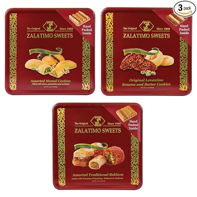 Zalatimo Sweets Since 1860 Shortbread Cookies Variety Pack, 100% All Natural Slightly Sweet, Square Metal Gift Tin, No Corn Starch, No Syrups! Assorted Baklava, Mamoul, Sesame & Butter (Pack of 3)