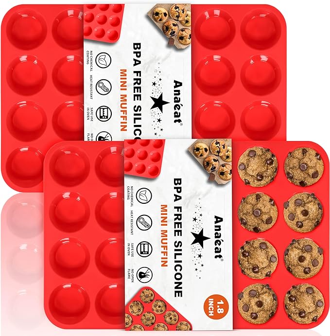 Anaeat Silicone Muffin Pan set- Mini 24 Cups Cupcake Tray, Non-Stick Silicone Baking Molds for Making Muffin Cakes, Cupcake, Chocolate, Bread,Tart and Desserts, Just Pop Out (2 Pack)