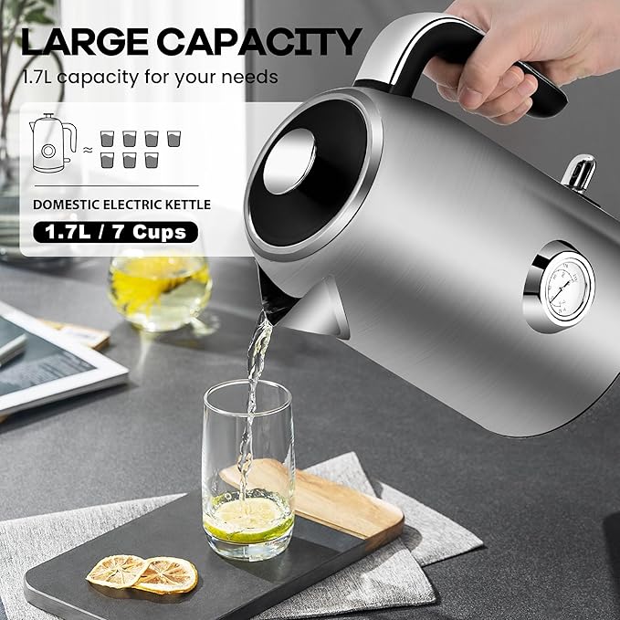 Pukomc Electric Kettle,1.7L Stainless Steel Electric tea kettle with Temperature Gauge, Fast Boiling, Auto Shut - off, BPA - Free, Boil - Dry Protection, (Silver)