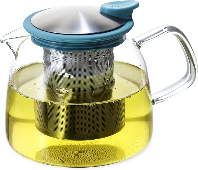 FORLIFE Bell Glass Teapot with Basket Infuser, 24 oz./730 mL, Turquoise