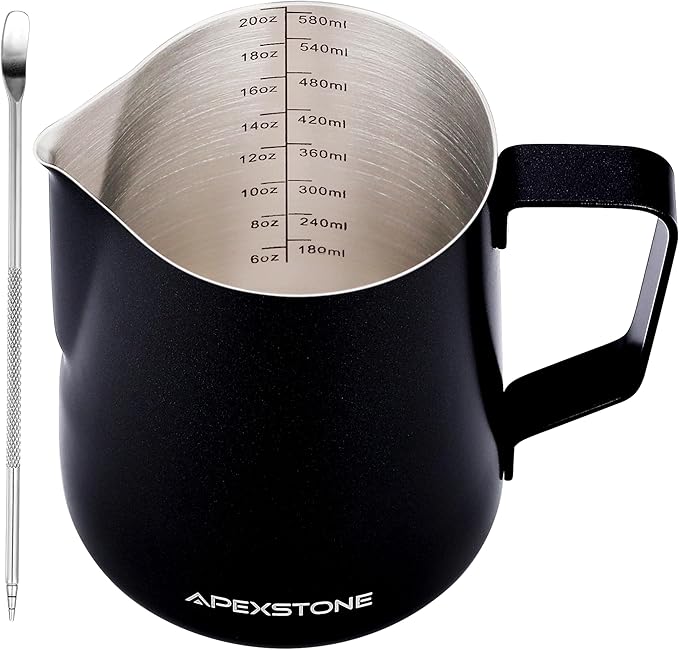 Apexstone 20 oz Black Espresso Steaming Pitcher, Espresso Milk Frothing Pitcher 20 oz Black, Coffee Milk Frothing Cup, Coffee Steaming Pitcher 20 oz/600 ml