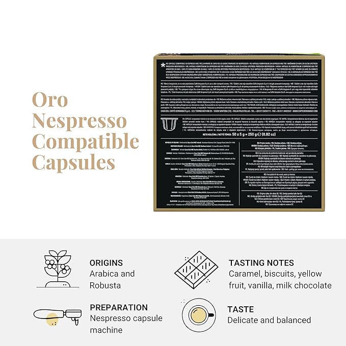 Caffe' Vergnano 1882 Medium Roast Arabica Robusta Espresso Original Line Machine Compatible Capsules, Single-Serve Italian Coffee for Nespresso Machines, Intensity 4/10, Oro, 50 Ct
