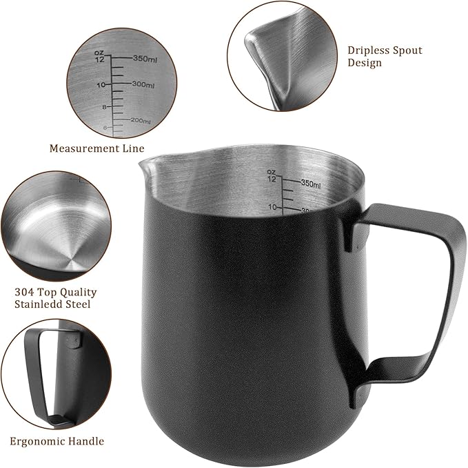 12oz/350ml Matte Black Milk Frothing Pitcher, Stainless Steel Espresso Latte Cup Steaming Pitcher Creamer Cup, Milk Frother Cup Espresso Machine Accessories Barista Tools Jug for Coffee Cappuccino