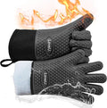 Kitchen Oven Gloves - Dual-Layer Heat Resistant Grilling Gloves, Silicone Oven Mitts with 5 Fingers, Waterproof Non-Slip Pot Holder for Barbecue, Cooking, Baking (XL-XXXL, Black Long)