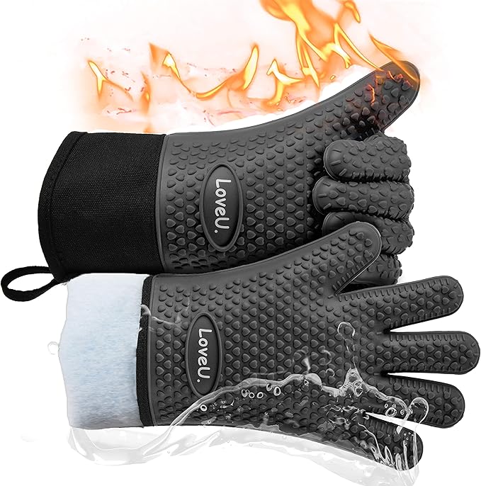 Kitchen Oven Gloves - Dual-Layer Heat Resistant Grilling Gloves, Silicone Oven Mitts with 5 Fingers, Waterproof Non-Slip Pot Holder for Barbecue, Cooking, Baking (XL-XXXL, Black Long)