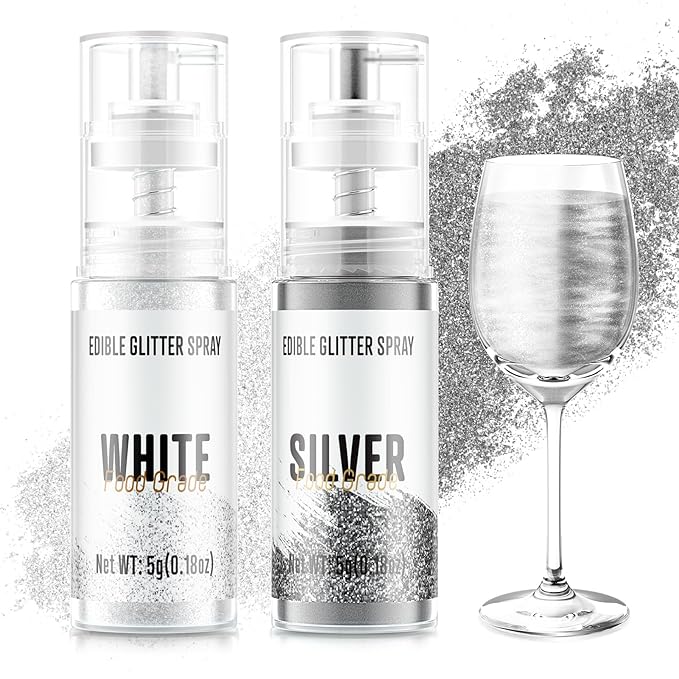 Edible Glitter Spray,2 Colors Silver & White Food Grade Edible Glitter Set for Drink Cake Beverages,Cupcakes,Cake Pops and Cookies Decorating