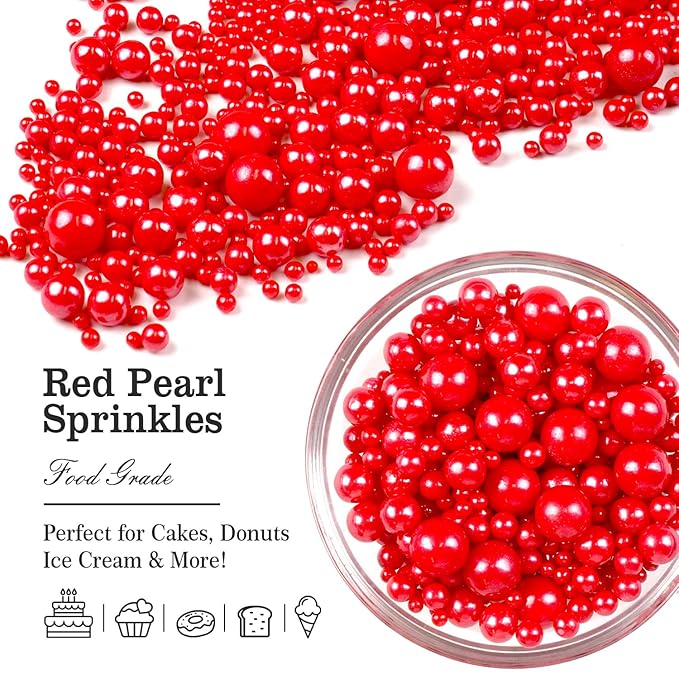 Red Pearl Sugar Sprinkles for Cake Decorating, Mix Size, Edible Candy Pearls Cupcake Toppers, Baking Edible Cake Decorations for Kid's Birthday Christmas Wedding Party, 150g/5.29oz
