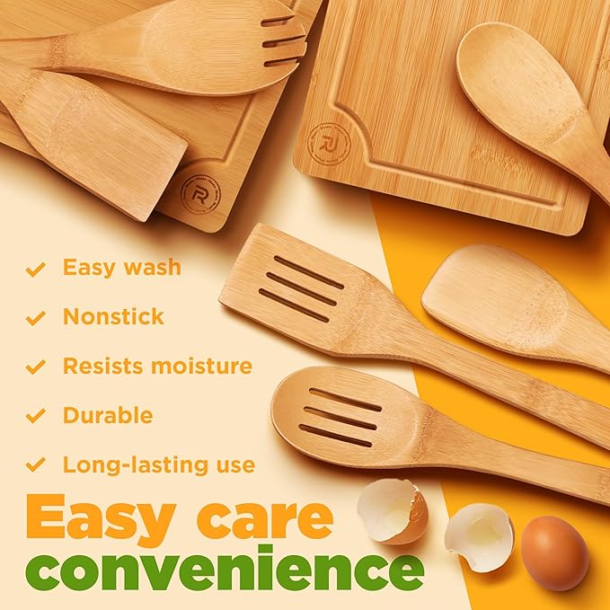 Riveira Bamboo Cutting Boards For Kitchen with Wooden Spoons For Cooking – Set of 3 Pcs Wooden Cutting Board & 6 Bamboo Spoons – Wooden Cutting Boards For Kitchen – Complete Wooden Cooking Utensils