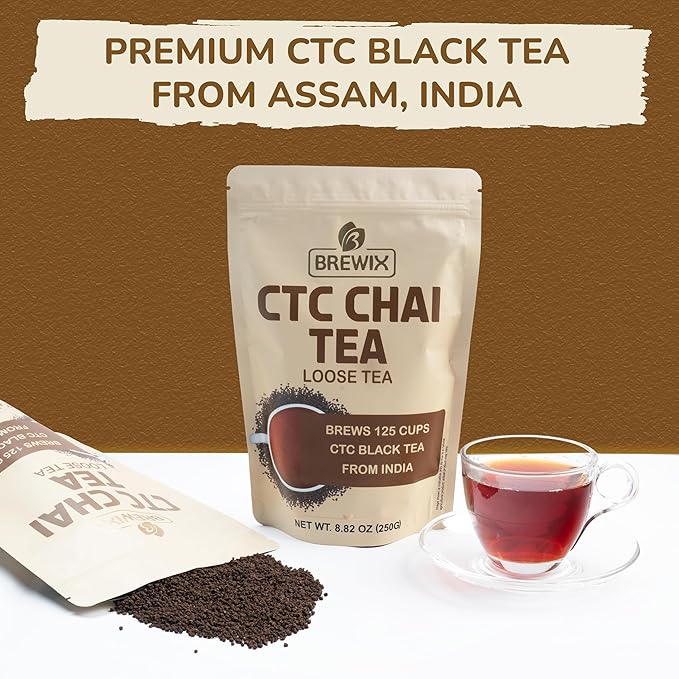 BREWIX, Premium CTC Assam Black Tea (125+ Cups, 8.82oz/250g) Strong and Full Bodied Loose Leaf Tea | For Kombucha, Indian Milk Tea, Iced Tea & English Breakfast Tea