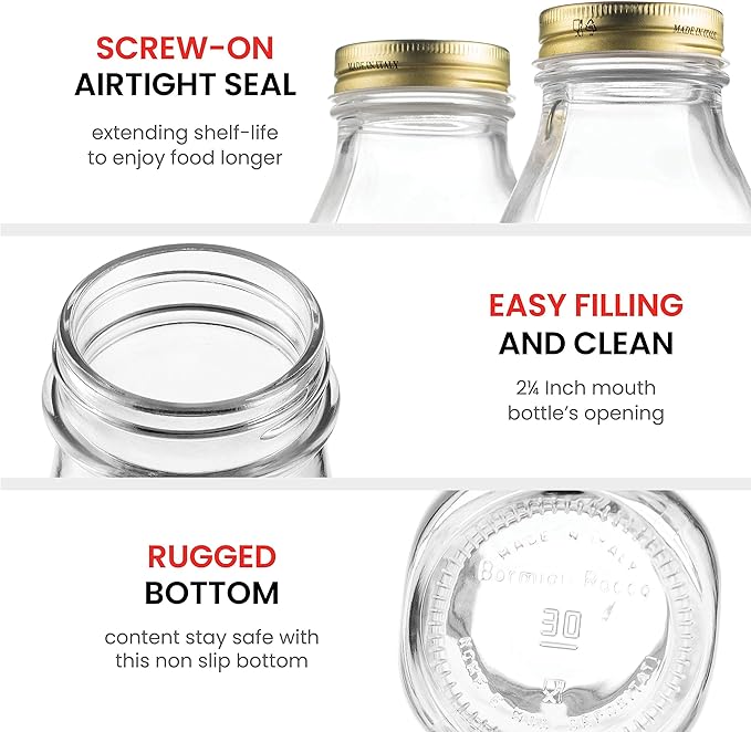 Bormioli Rocco Quattro Stagioni Glass Milk Bottle 33.75 Ounce/1 Liter with Airtight Lid, Great For Kombucha Brewing Bottle, Beer, Homemade Juicing, Smoothies, Beverages, Durable Construction. (6 Pack)