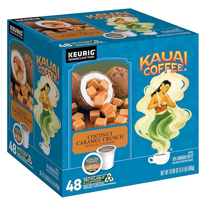 Kauai Coffee K-Cup Pods for Keurig Brewers – Arabica Coffee, 10% Hawaiian – Medium Roast, Nutty Caramel with Tropical Coconut – Coconut Caramel Crunch, 1 Pack of 48 Single Serve K-Cups