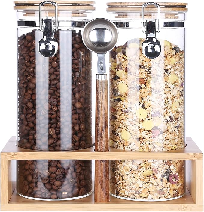KKC Airtight Tall Glass Coffee Sugar Jar Canisters with Hinged Lids for Countertop,Glass Storage Containers with Scoop for Coffee Grind,Brown Sugar Flour Sealed Glass Jars,54 Fl oz
