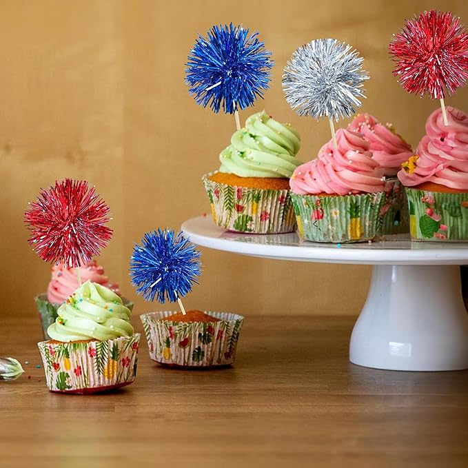 Gyufise 30Pcs Foil Firework Cupcake Toppers Sparkle Tinsel Cake Toppers Tinsel Drink Cake Decoration Cocktail Picks for Birthday Wedding Graduation Party Supplies Silver Dark Blue Red