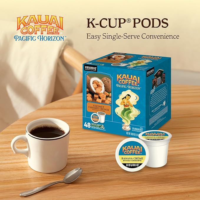 Kauai Coffee K-Cup Pods for Keurig Brewers – Arabica Coffee, 10% Hawaiian – Medium Roast, Nutty Caramel with Tropical Coconut – Coconut Caramel Crunch, 1 Pack of 48 Single Serve K-Cups