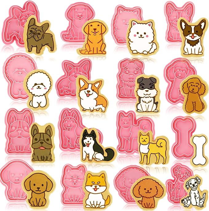 16 Pcs Dog Cookie Cutters with Plunger Stamps Set 3D Puppy Bone Shape Biscuit Cutter Funny Cartoon Cookie Stamps Stamped Embossed Dog Cookie Cutters for Treats DIY Cookie Cake Baking Supplies