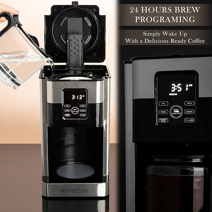 Mixpresso 12-Cup Drip Coffee Maker With Lcd Touch Display, Programmable Coffee Pot Machine, Borosilicate Glass Carafe, Anti-Drip System, Stainless Steel & Black Electric Coffee Maker