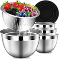 Mixing Bowls with Lids Set, Stainless Steel Mixing Bowls with Colander, Strainer with Mixing Bowl Set, Kitchen Gadgets Bowl Christams Gift, Size 4, 2.5, 2, 1.5QT - Black