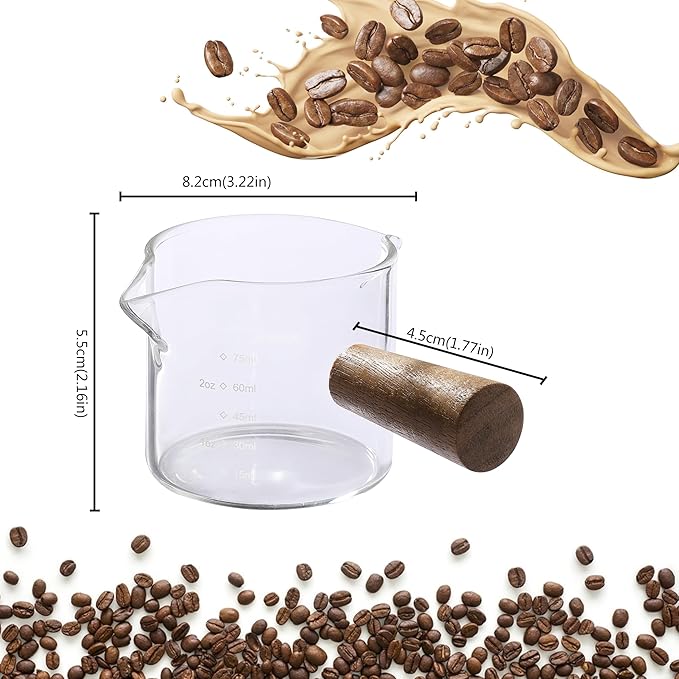 2 Pack Measuring Cups, Espresso Shot Glass with Wood Handle, Clear Glass with Dual Scale, Espresso Accessories with Double Spouts, 2.5 OZ /75 ML