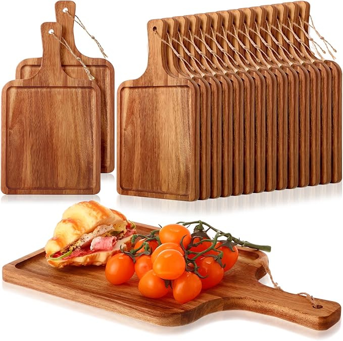 Tanlade 16 Pcs Acacia Wood Cutting Board with Handle Chopping Boards Decorative Charcuterie Platter Pizza Bread Cheese Fruit Serving Tray for Kitchen Counter Table Christmas Decorate(14 x 8 Inch)